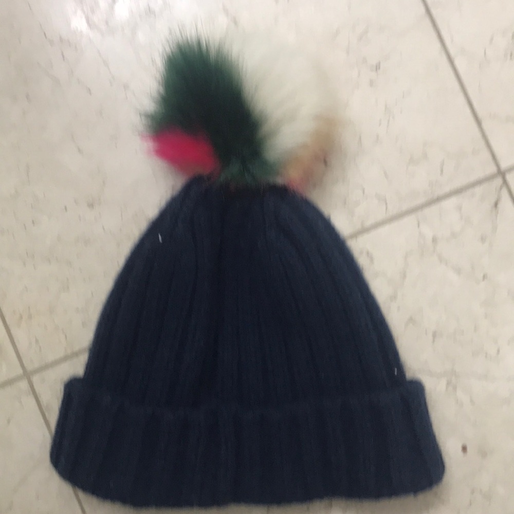 NWT JCrew Navy and multicolored Pom Pom beanie